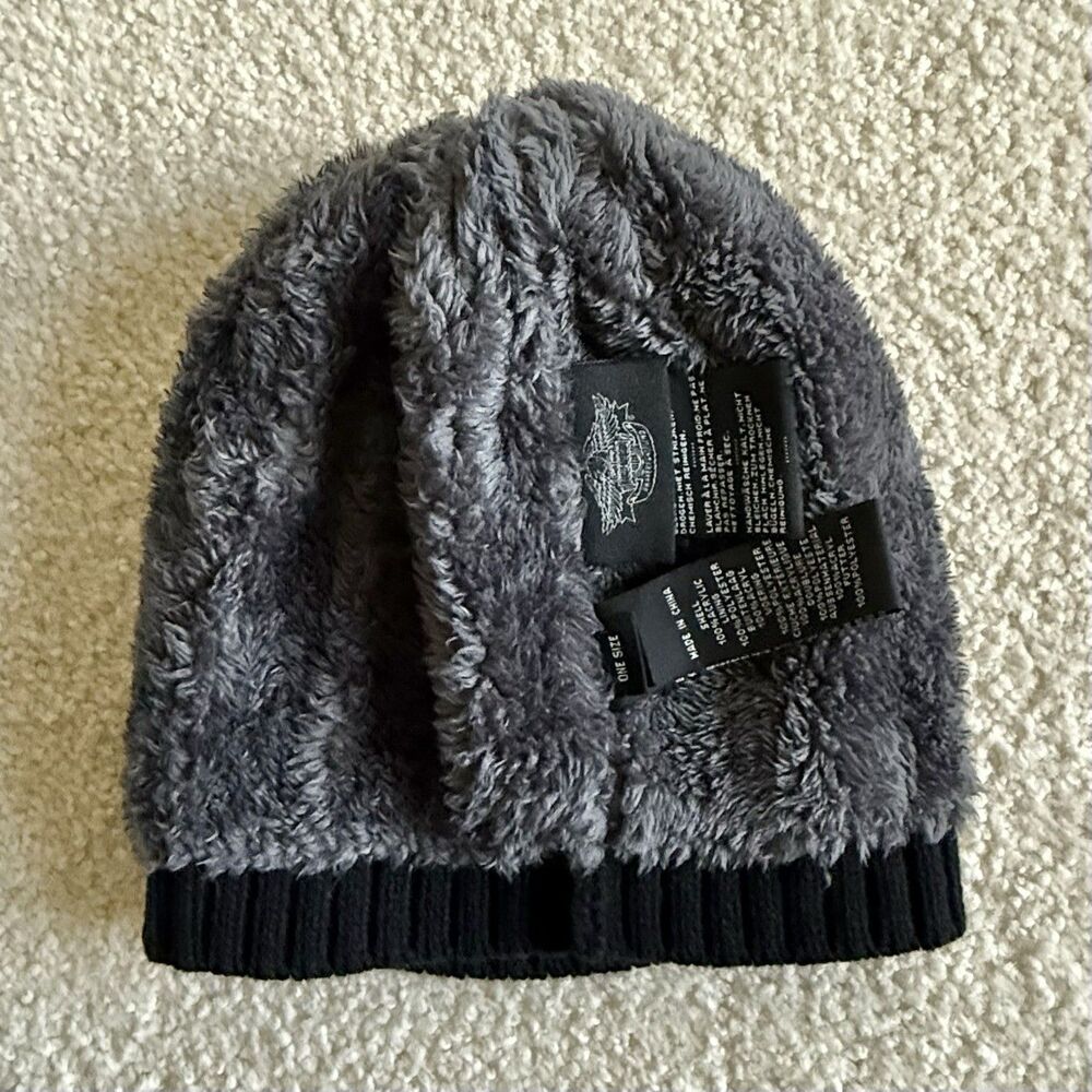 Harley-Davidson Beanie Cap Black Rib Knit Fleece LIned Leather Skull Embroidery - Picture 6 of 12